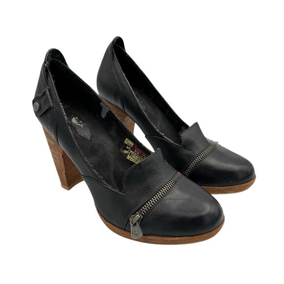 London Underground Black Leather Detailed Zipper Chunky Block Heel Trendy Pumps - Picture 6 of 10